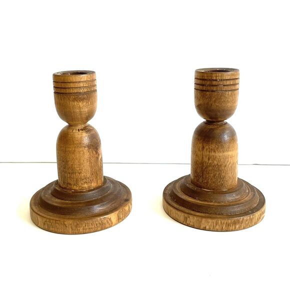 Vintage Wooden pair(2) Of Candle Holders Mid Century Modern Farmhouse Decor - Picture 2 of 9